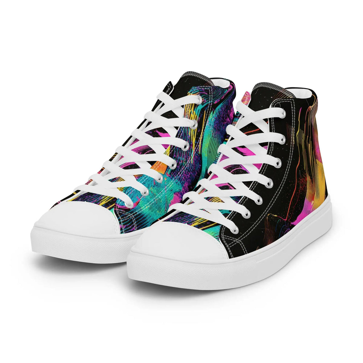 Pair of women’s high-top canvas sneakers with multicolor splatter pattern, white laces, by Simples Market