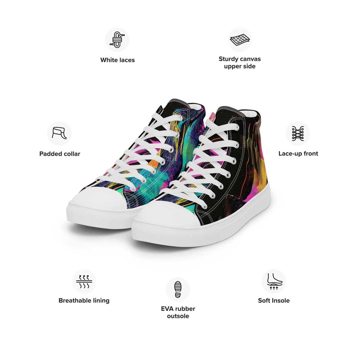Pair of women’s high-top canvas sneakers; colorful print, white laces, Simples Market