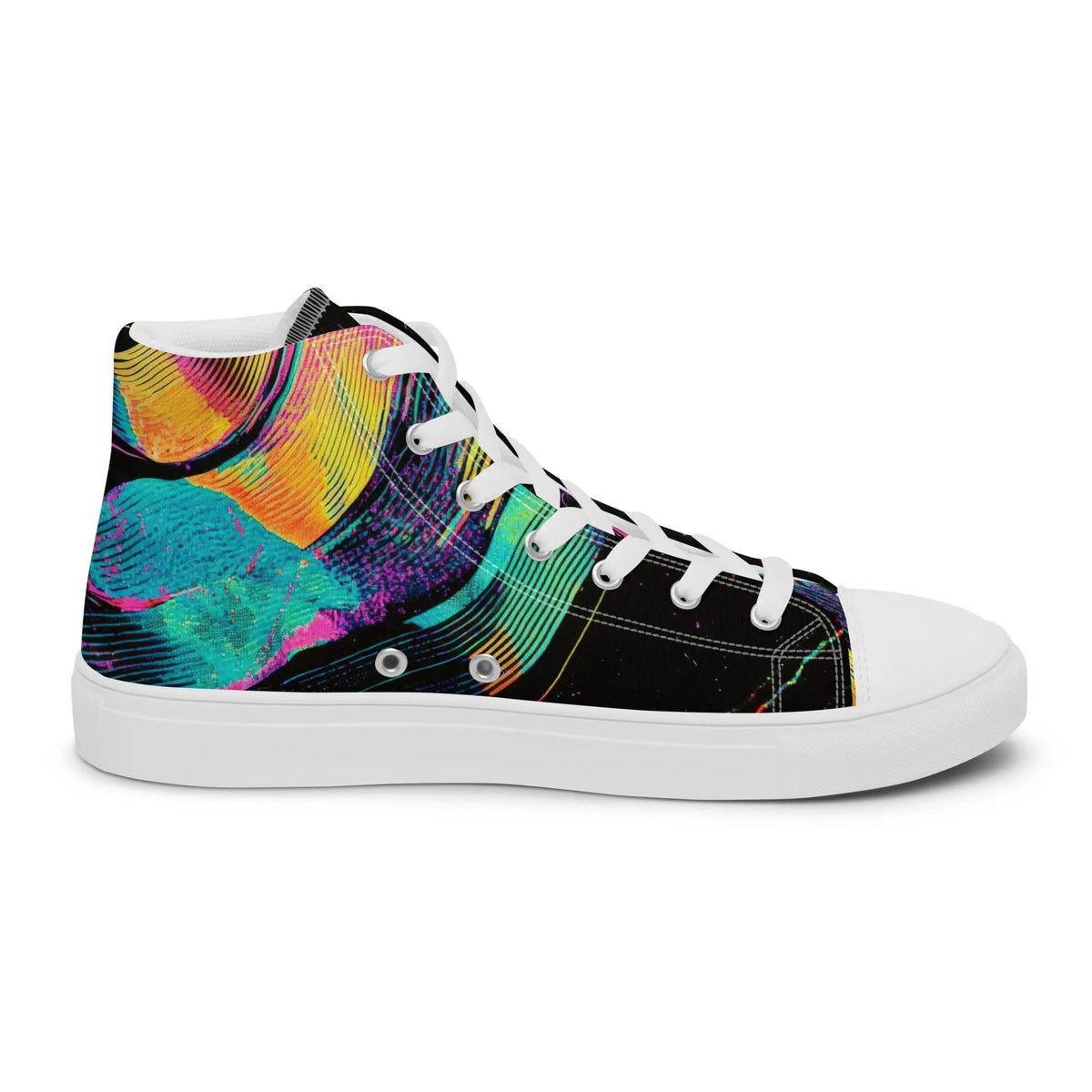 Women's high-top canvas shoes by Simples Market with a vibrant multicolor pattern and white sole.