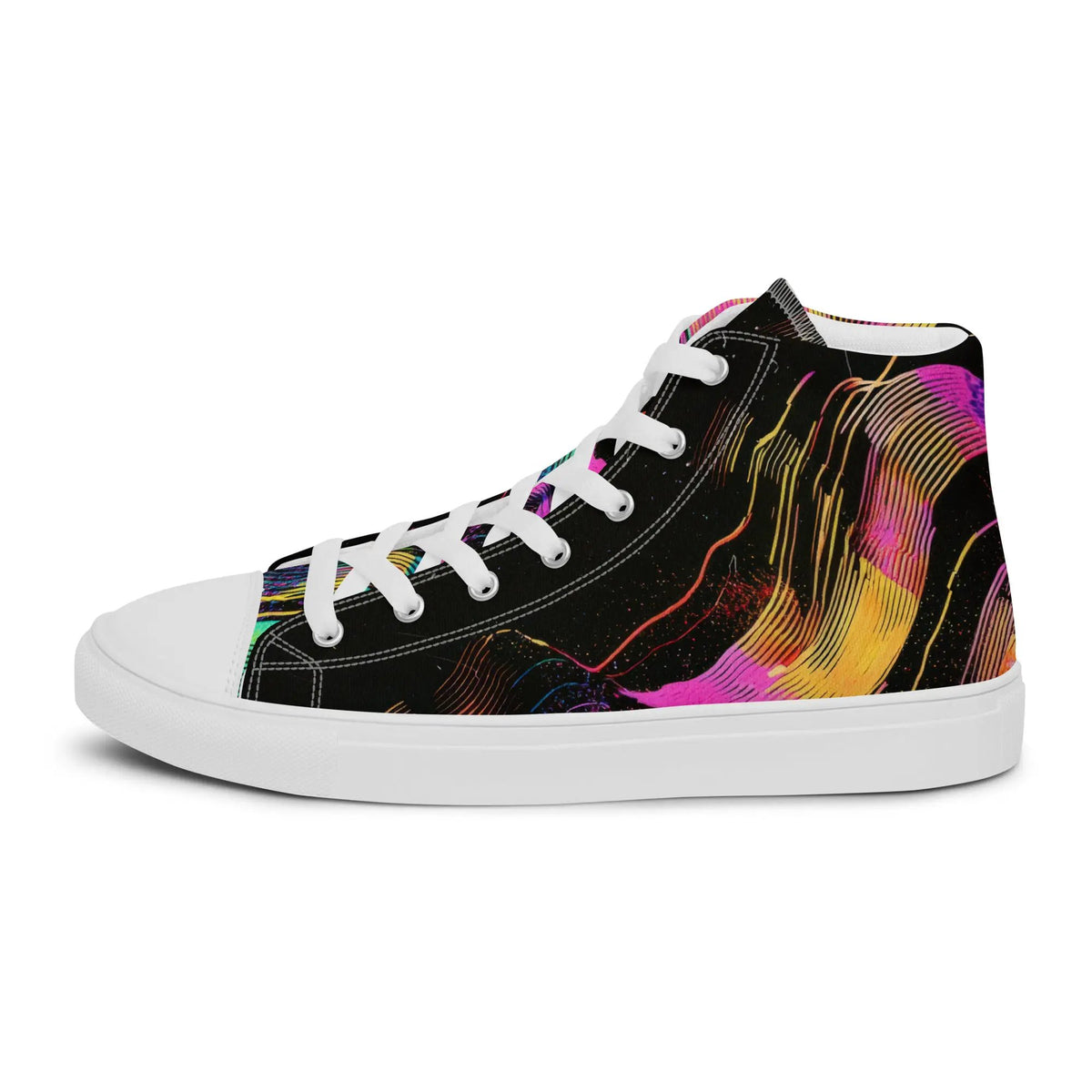 Women's high-top canvas sneakers by Simples Market, black with vibrant abstract print and white laces