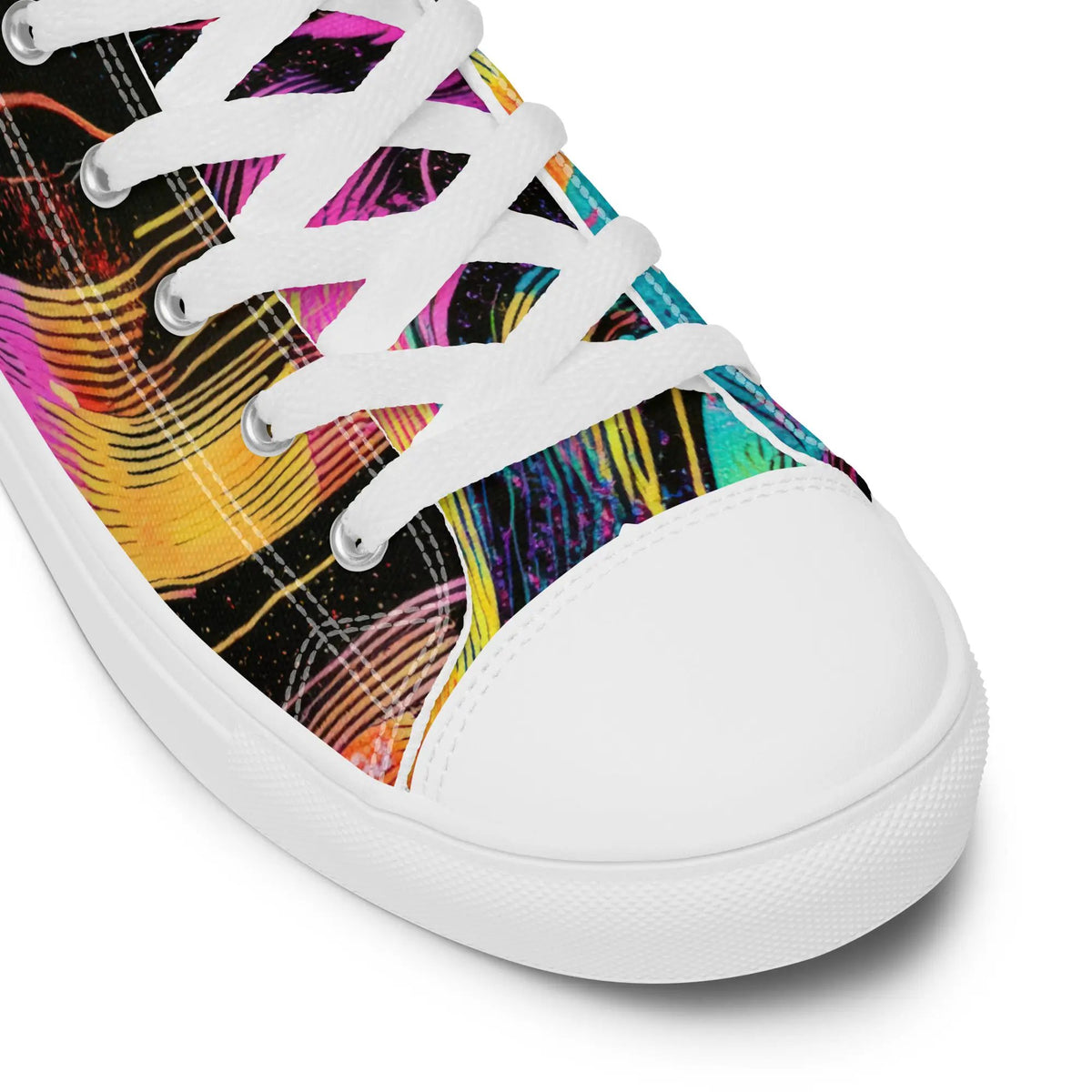 Women’s high-top canvas sneakers by Simples Market with colorful tie-dye panels and white laces