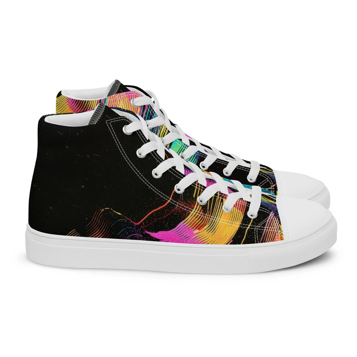 Women's high-top canvas shoes with black body and colorful abstract accents by Simples Market
