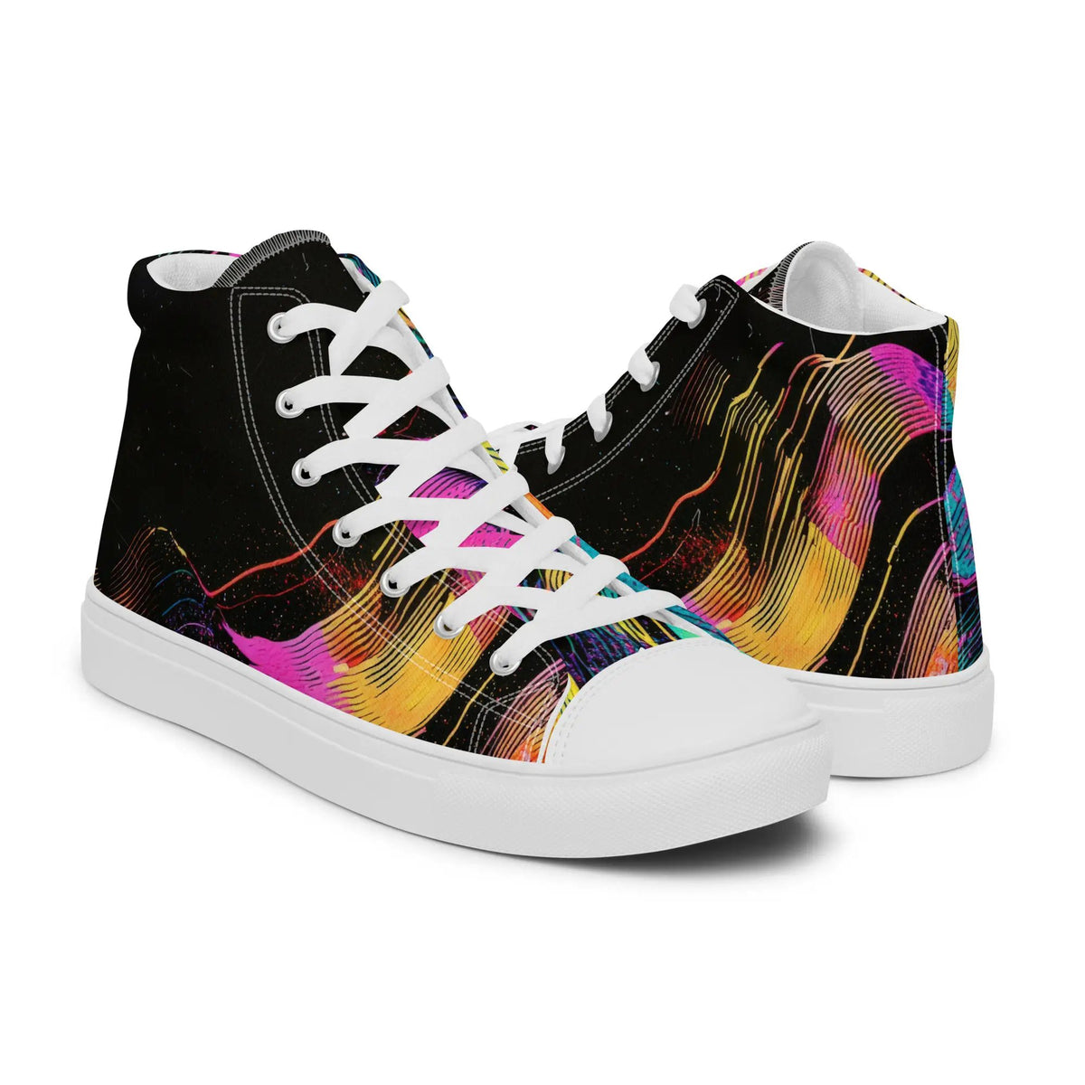 Pair of women's high-top canvas sneakers by Simples Market with white laces and colorful abstract pattern