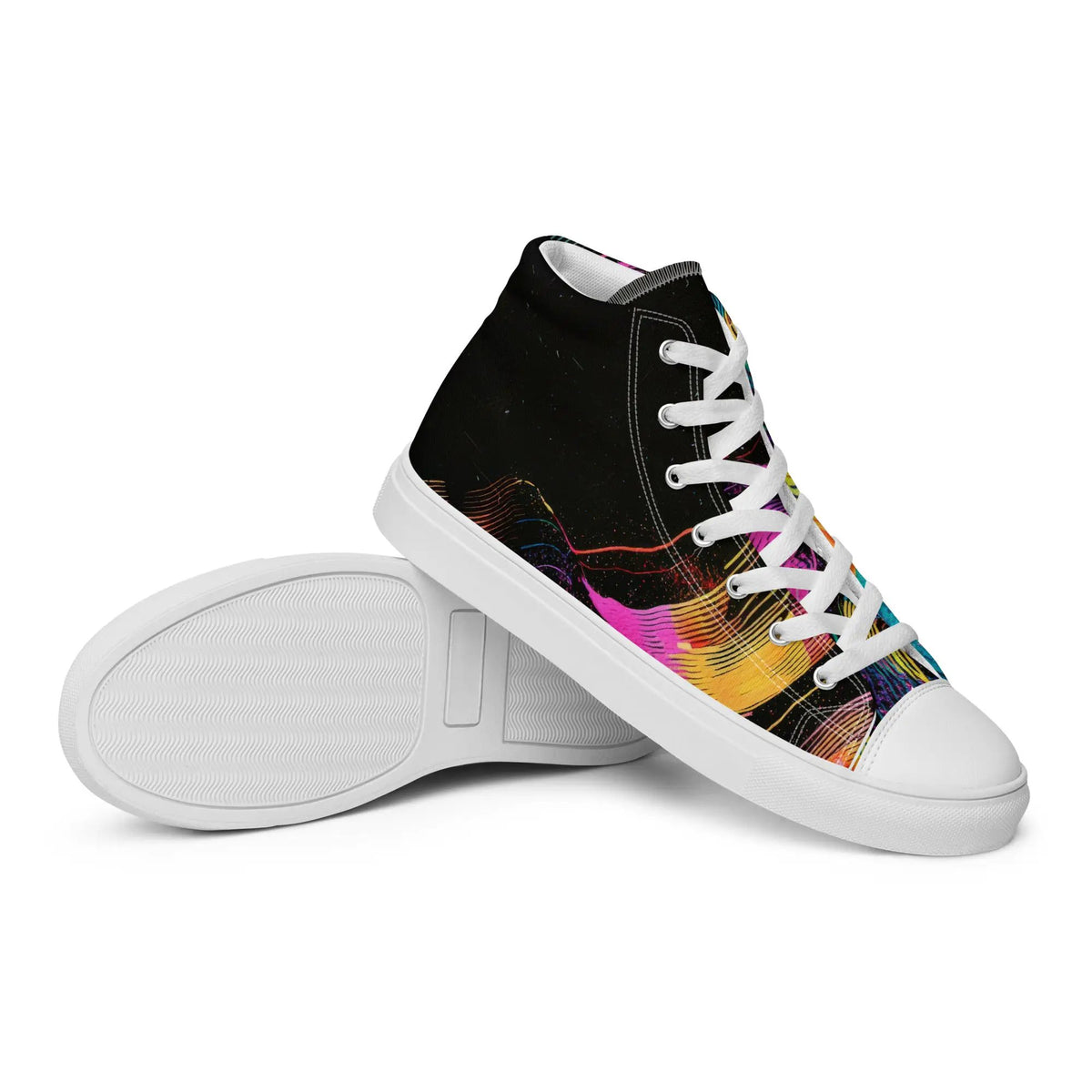 Women's high-top canvas shoe by Simples Market; black with colorful pattern, white laces and sole.