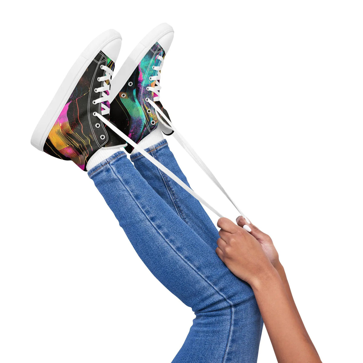 Simples Market women’s high-top canvas sneakers with colorful abstract print and white rubber sole