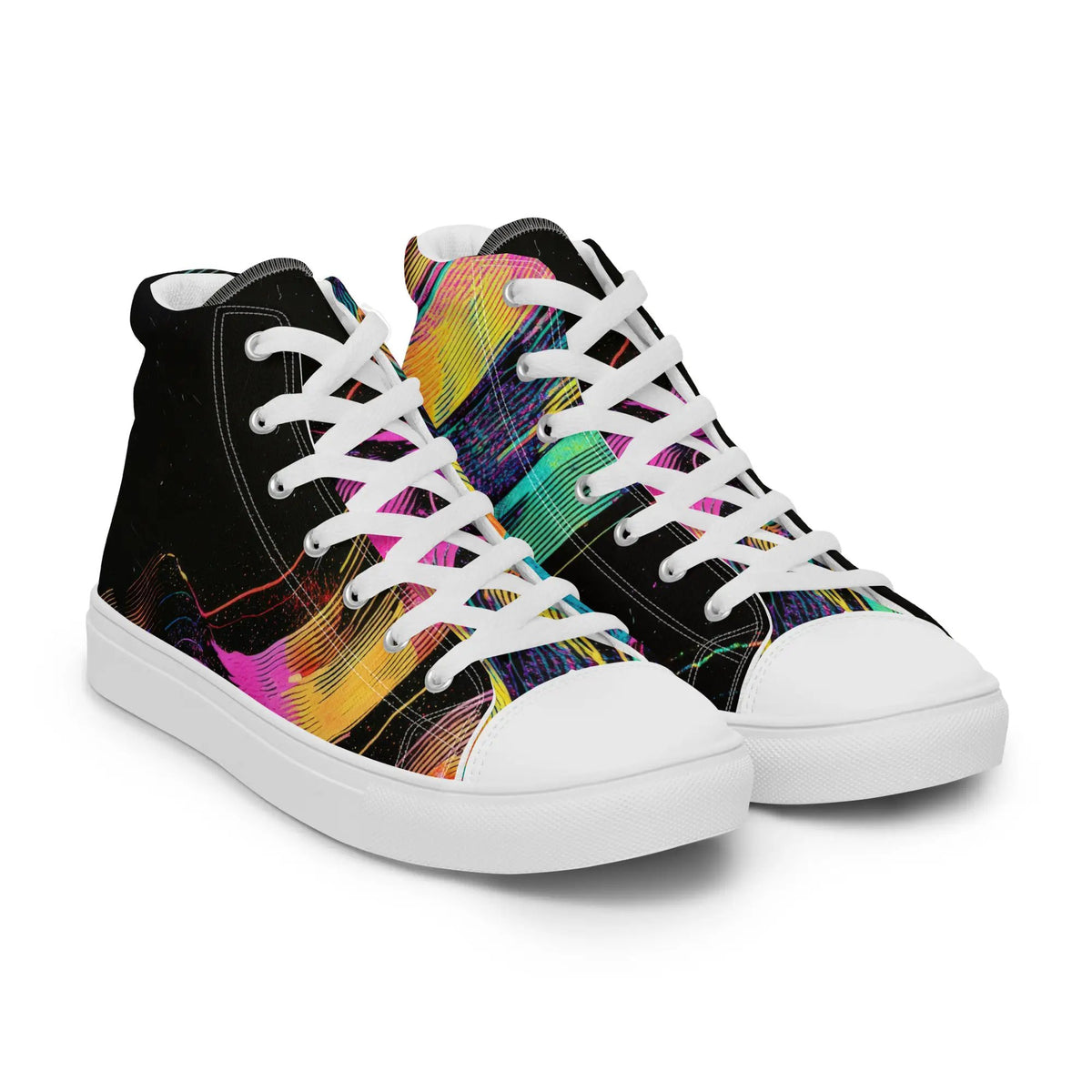 Women’s high-top canvas sneakers by Simples Market; black pair with colorful abstract panels and white laces.