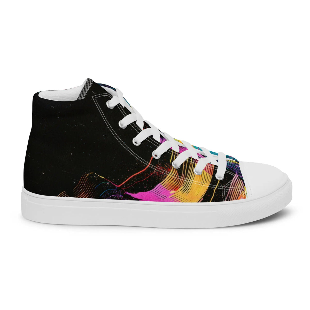 Women's high-top canvas sneaker by Simples Market, black with white sole and multicolor rainbow laces.