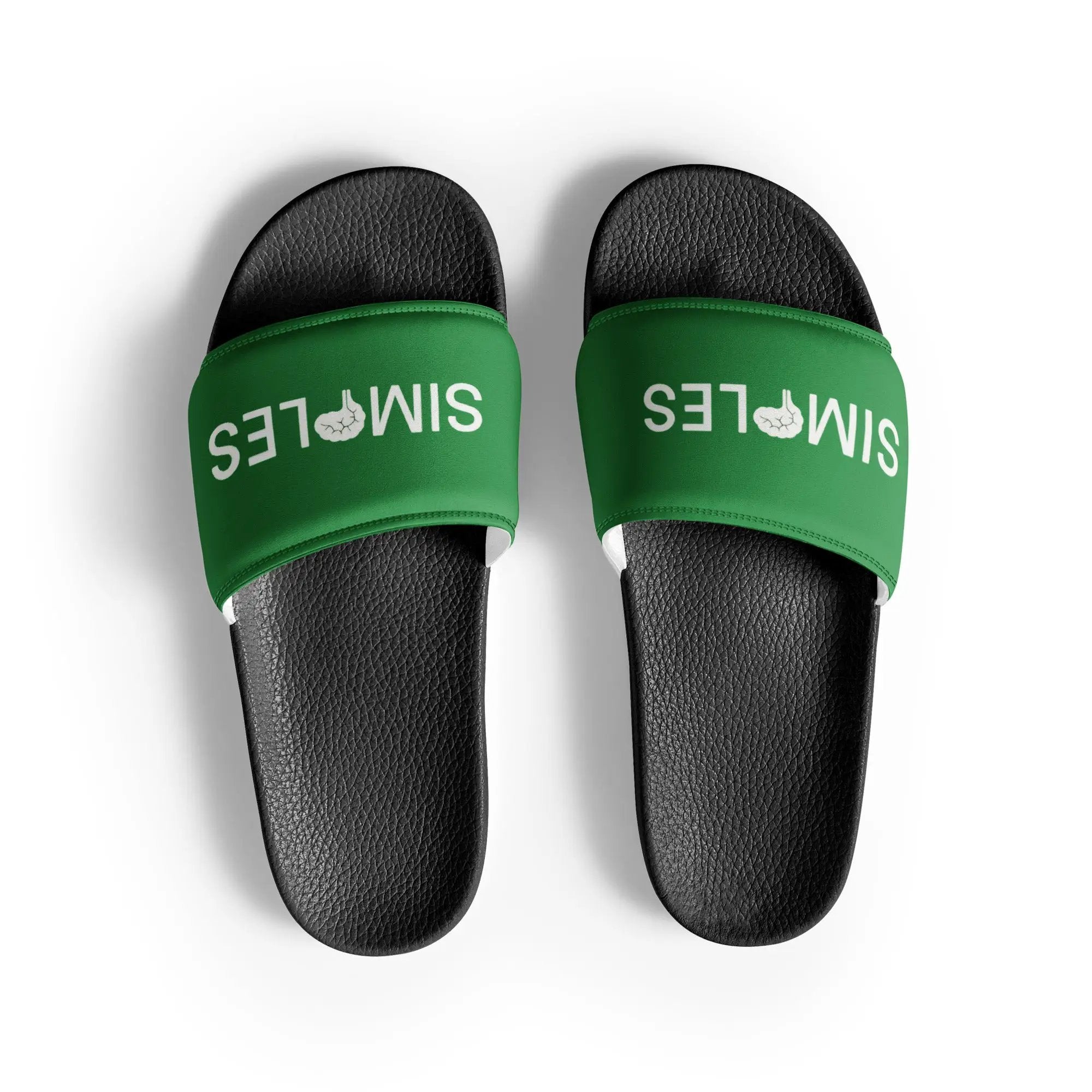 Women's slides by Simples Market, black textured footbeds with green straps, two sandals shown from top