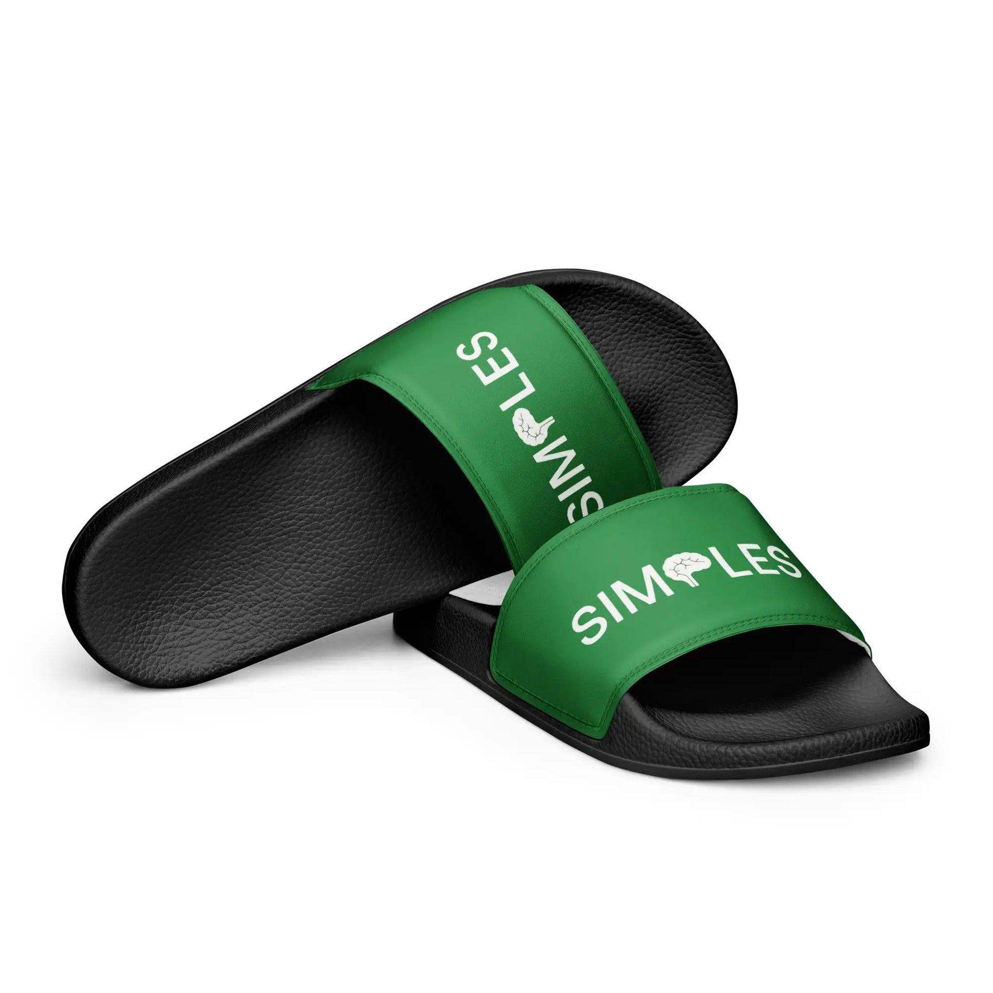 Women's slides by Simples Market; two black-soled sandals with lime and emerald green straps.