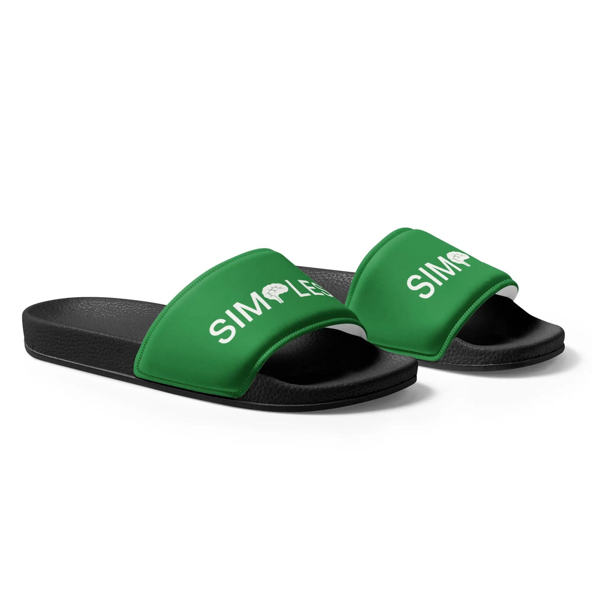 Women’s Slides by Simples Market, green strap sandals on black textured footbeds, two pairs shown.
