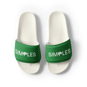 Women’s slides by Simples Market; white textured uppers with green straps, two pairs shown