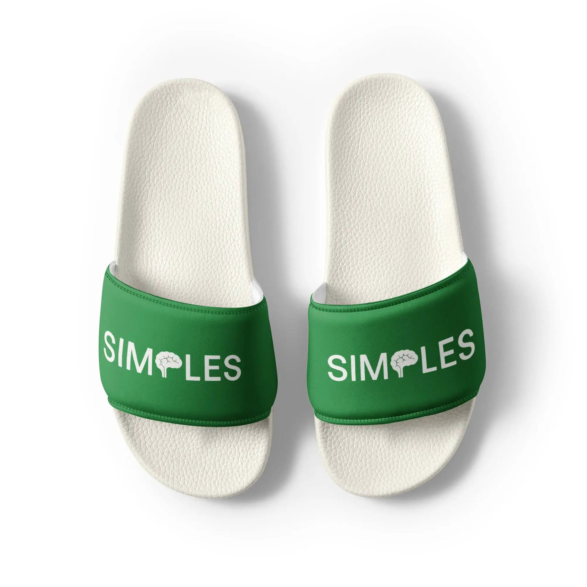 Women’s slides by Simples Market; white textured uppers with green straps, two pairs shown