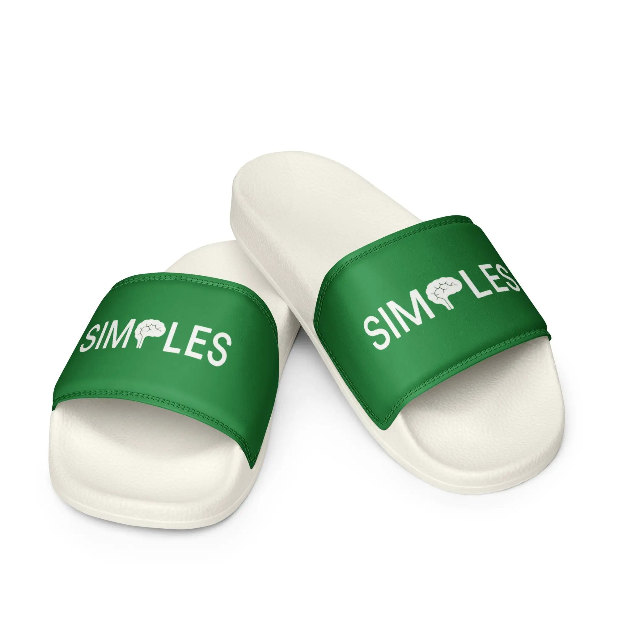 Women's Slides by Simples Market; white footwear with green strap and logo, 2 pairs shown.