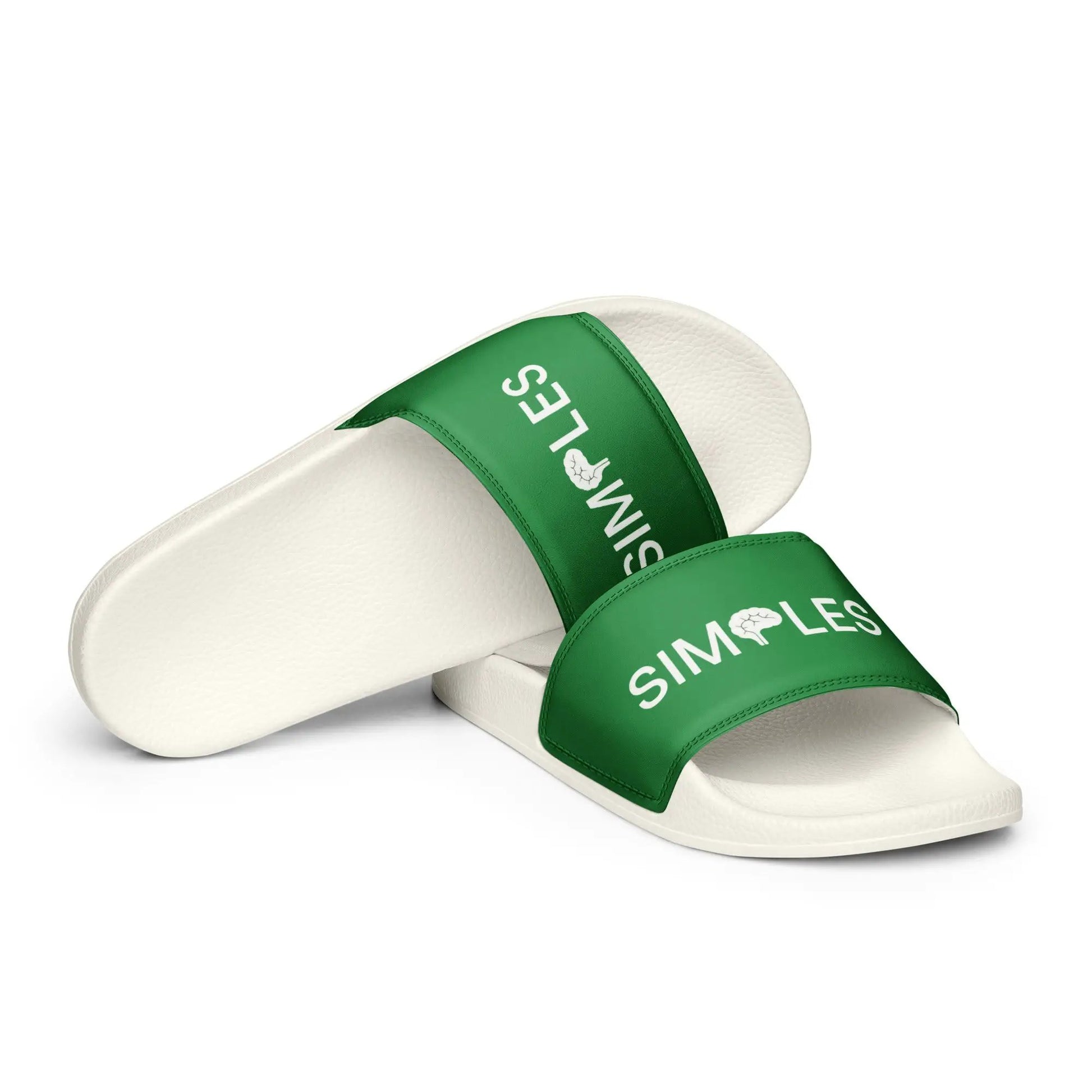 Women's slides by Simples Market with white sole and green strap branding