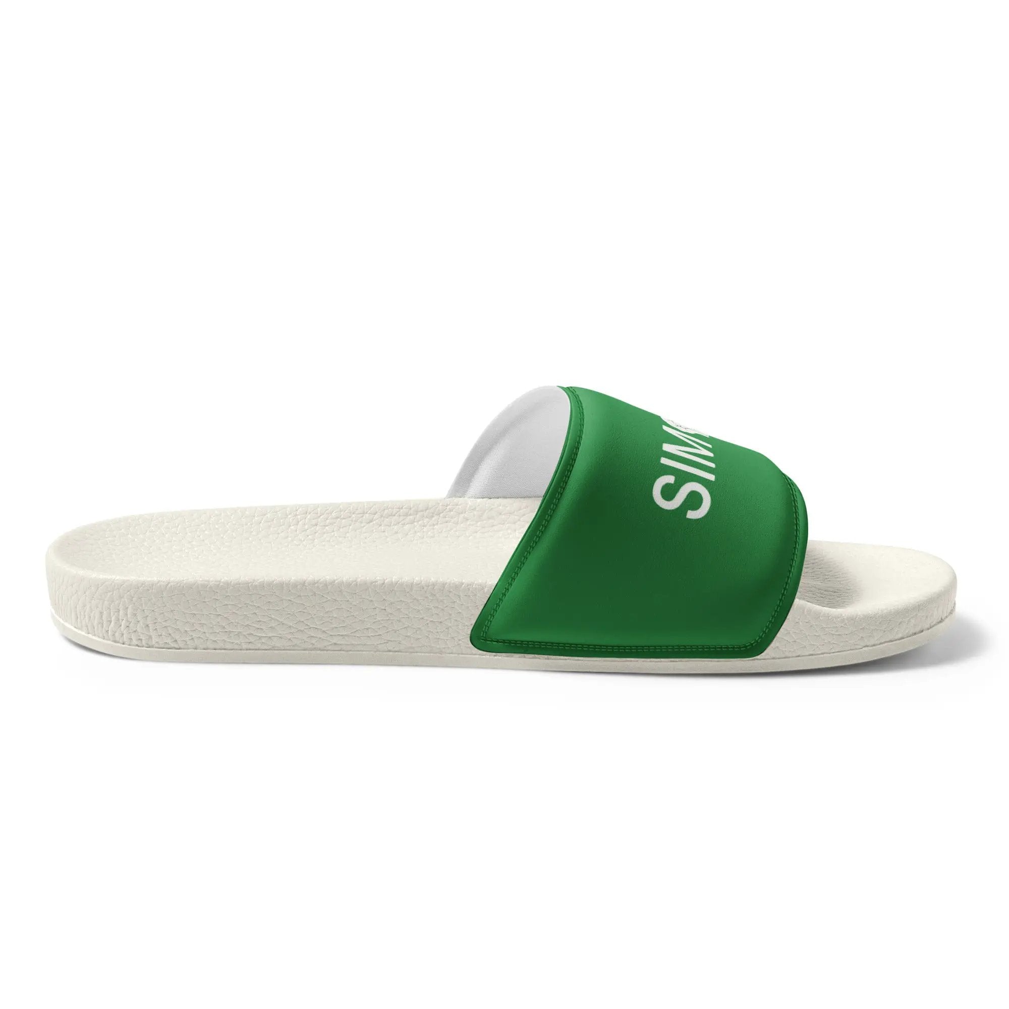 Women's Slides by Simples Market, green strap sandal with white sole.