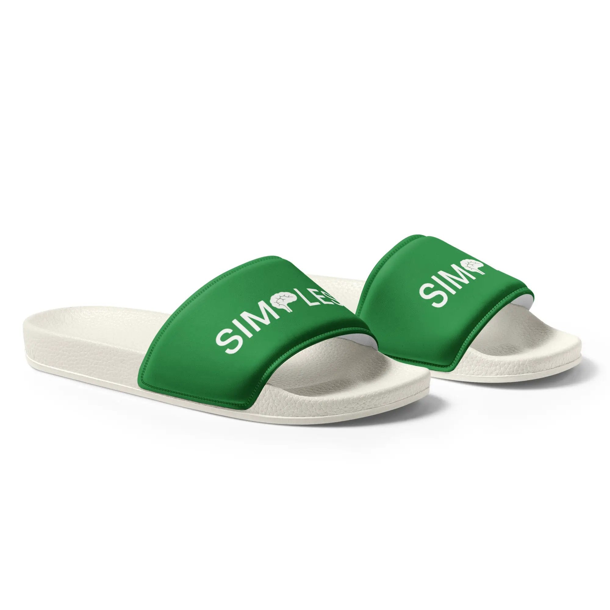 Women's slides by Simples Market, green straps with white soles and logo on the strap (two shown)