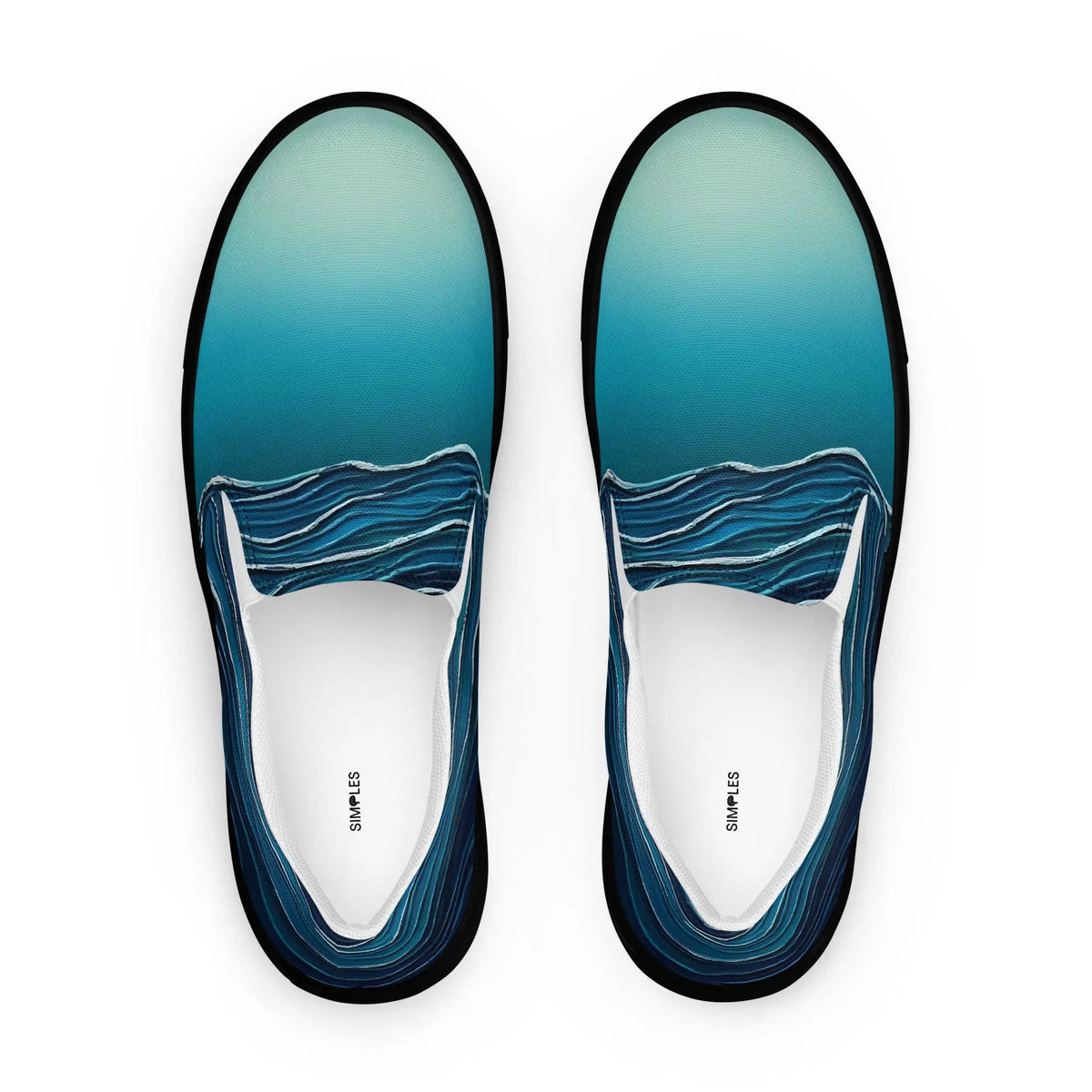 Women’s slip-on canvas shoes by Simples Market in teal-to-blue gradient with wave-print uppers, pair
