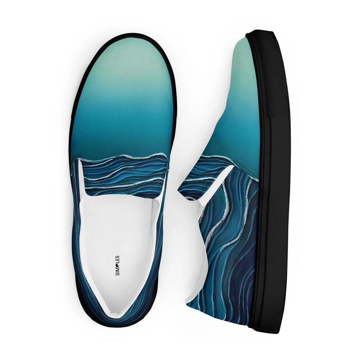 Pair of women’s slip-on canvas shoes by Simples Market in teal with a wave-patterned upper and white sole.