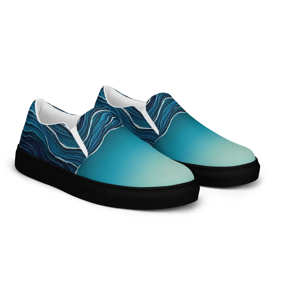 Pair of women’s slip-on canvas shoes in blue gradient with wave pattern by Simples Market