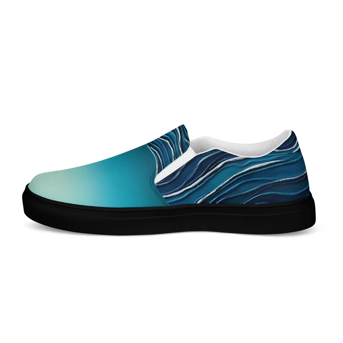 Women's slip-on canvas shoes by Simples Market, teal and navy wave-patterned upper with white sole.