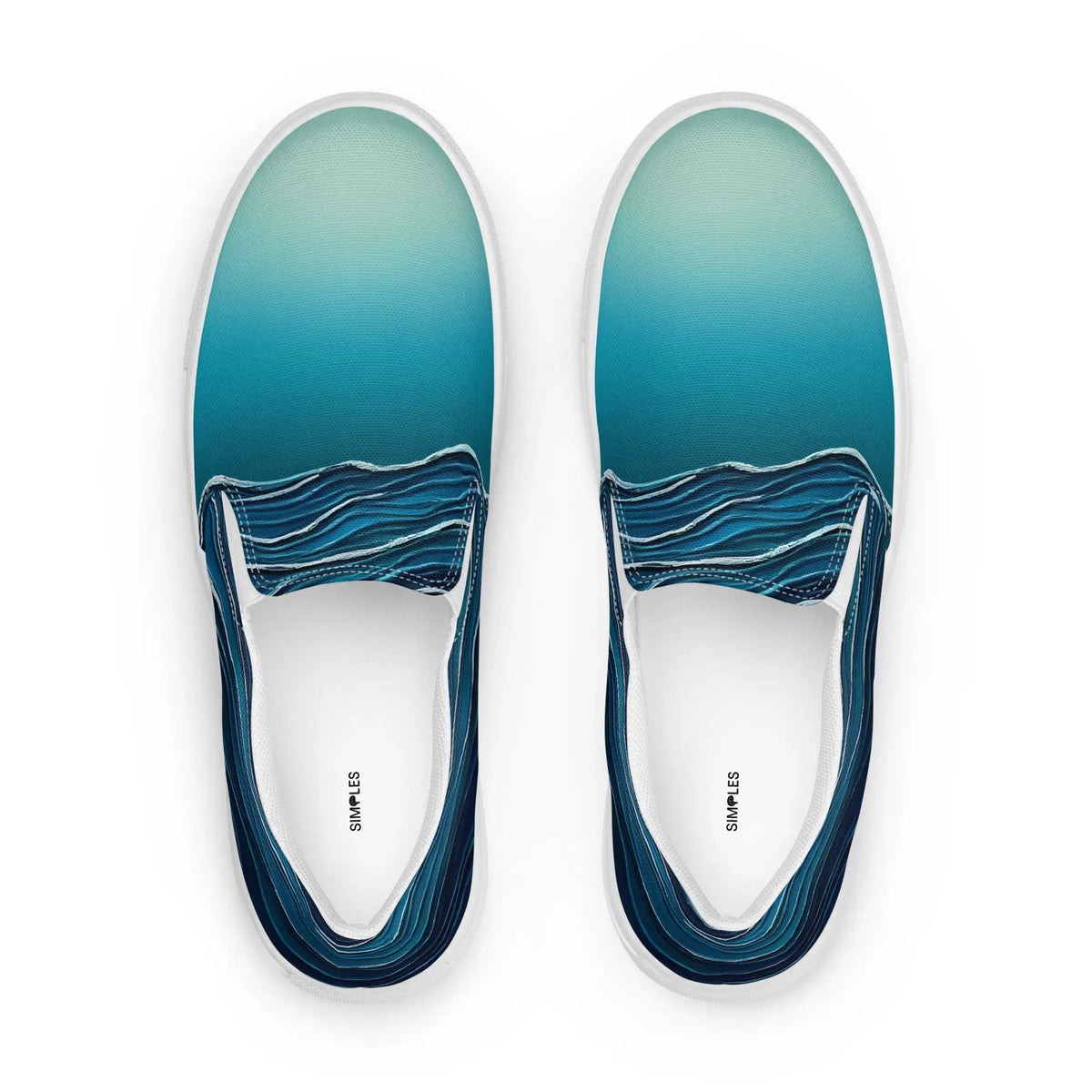 Pair of Simples Market women's slip-on canvas shoes in teal blue with wave-patterned denim accents