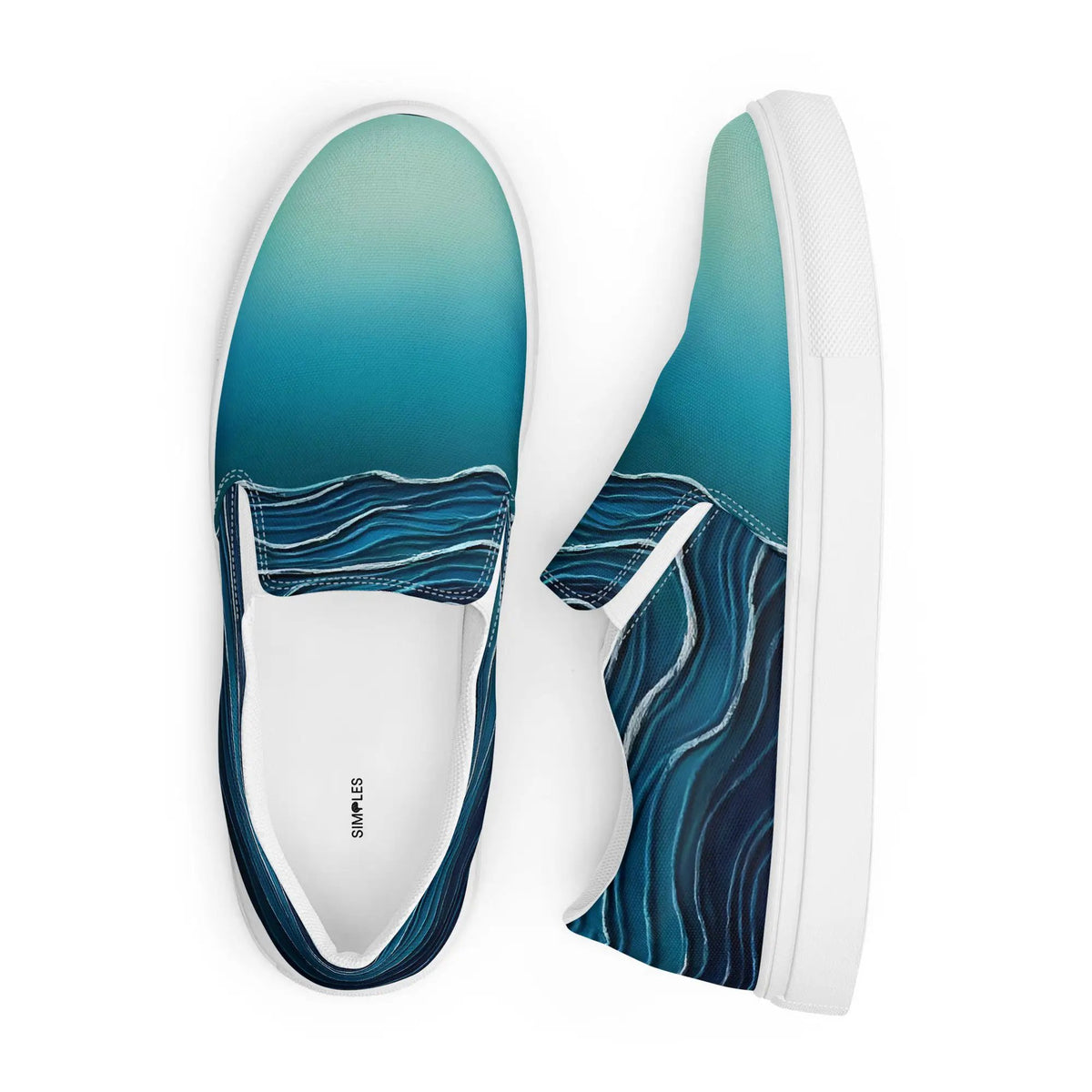 Pair of Simples Market women's slip-on canvas shoes with teal uppers and white soles.