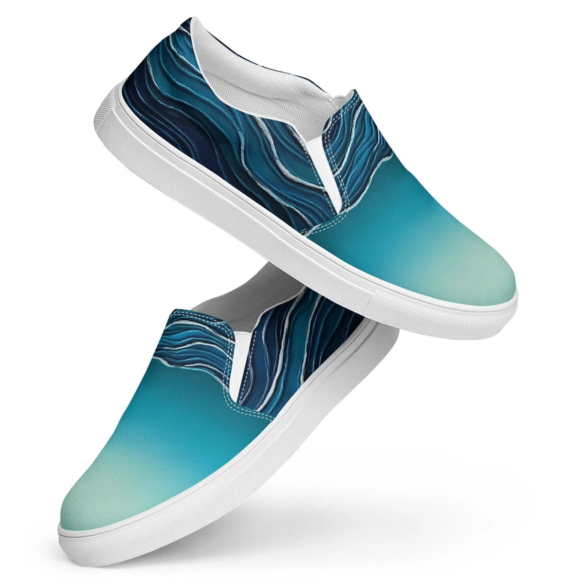 Women’s slip-on canvas shoe by Simples Market, teal gradient with wave pattern and white sole